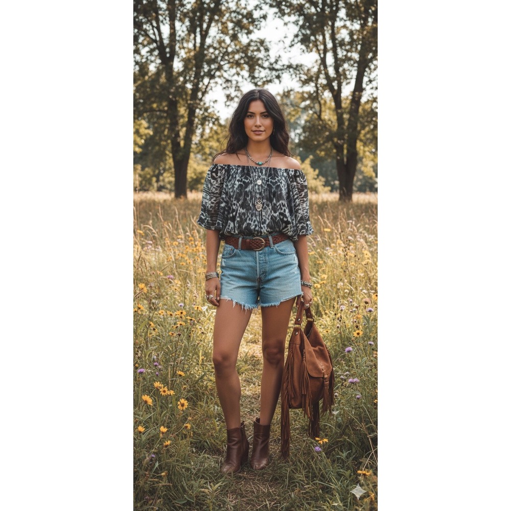 Sweet Pea by Stacy Frati Mesh Off‎ Shoulder Top Small Ikat Animal Print Boho Y2K
